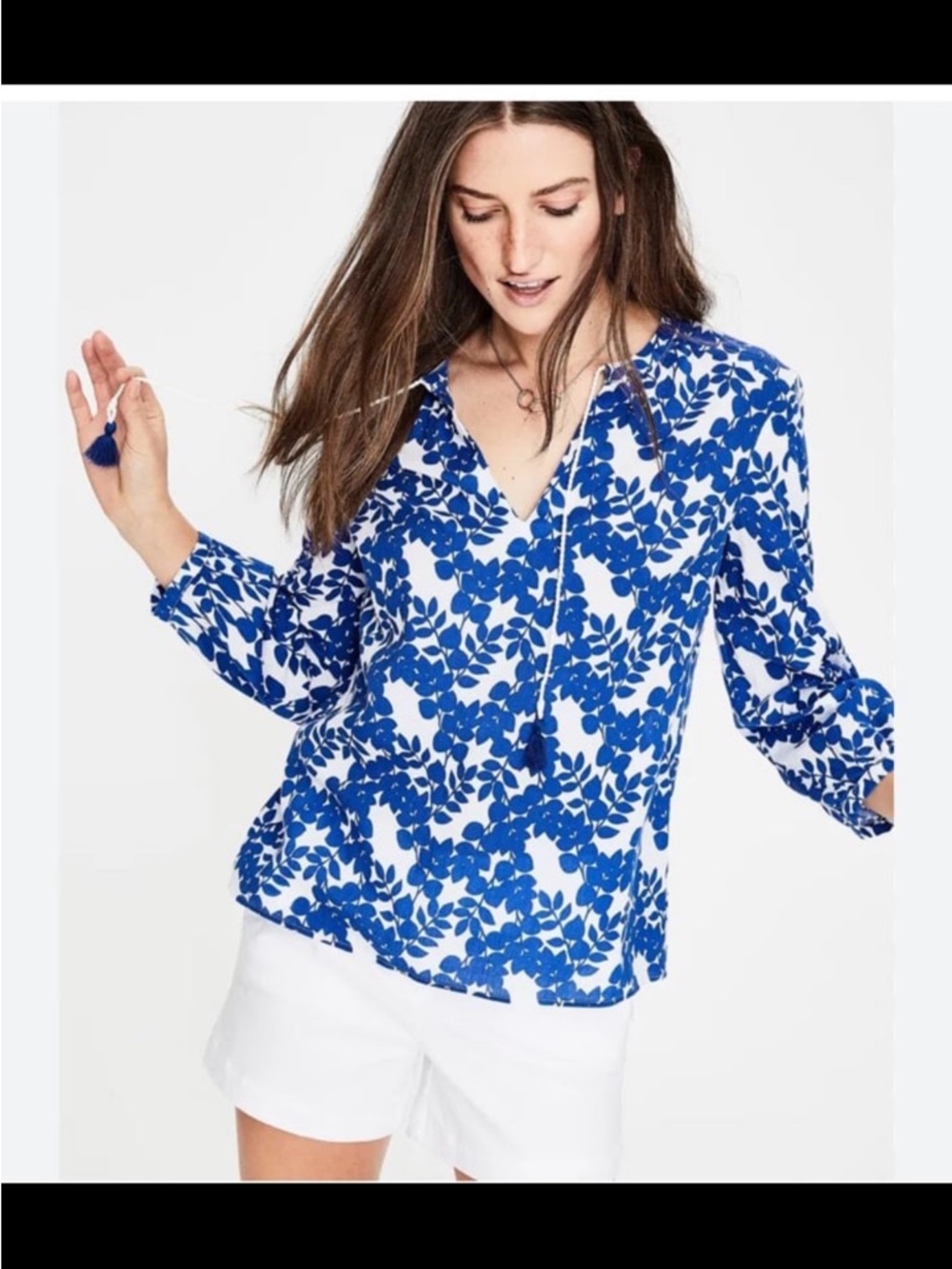 Boden Blue & White Leaf Print Gauzy Cotton Tassel Tie Blouse Top Women’s 4